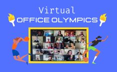 the virtual office olympics logo with people running and playing games on their screens in front of them