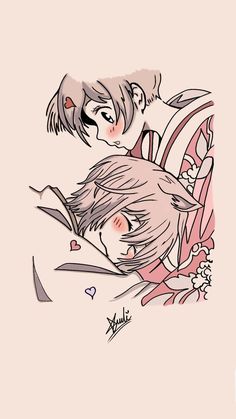 two anime characters hugging each other in front of a pink background with flowers and hearts