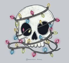 a drawing of a skull with glasses on it's head and lights around its neck