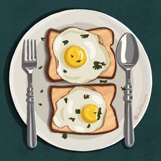 two fried eggs on toast with butter and chives are sitting on a plate next to silverware