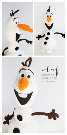 crocheted snowman with orange nose and black eyes