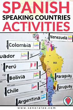 Spanish-speaking countries activities for Spanish class - Label a map of South America with names and flags of Spanish speaking countries Smash Doodle Spanish, Spanish 1 High School, Spanish Lesson Plans High School, Hispanic Heritage Month Lessons, Spanish Speaking Countries Activities, Spanish Heritage Month Activities, Middle School Spanish Activities, Spanish Heritage Month, Middle School Spanish Lessons