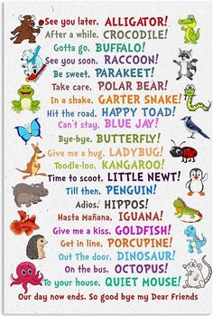 a poster with many different types of animals and words in the same language on it