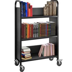 a book shelf with wheels and books on it