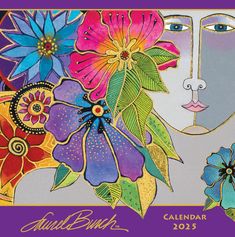 a calendar with colorful flowers on it and a woman's face in the background