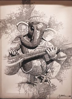 a drawing of an elephant holding a guitar in it's trunk and playing the instrument