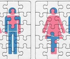 two puzzle pieces with the image of a man and woman in blue and pink on them