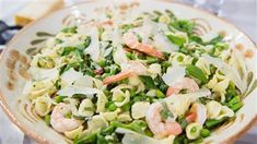 pasta salad with shrimp and asparagus on a plate