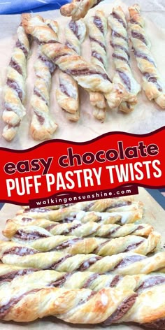 puff pastry twists with chocolate icing on top and red banner in the background that says easy chocolate puff pastry twists