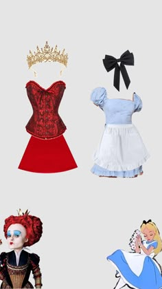 four different dresses and tiaras are shown in this image, including one for the little red riding hood