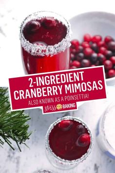 two glasses filled with cranberry mimosa on top of a white table