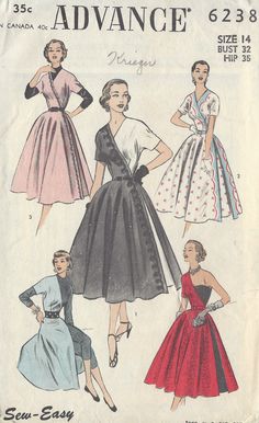 ~ Circa/Date: 1950s ~ Details:    Variation DRESS ~ Size/Measurements (Inches):     ~ Size: 14     ~ BUST: 32″     ~ Waist: ~      ~ Hip: 35″ Inches - ~ This pattern is also available in the following two sizes: ~ (Size: 12 Bust: 30″) ~ (Size: 16 Bust: 34″) ~ Please Note: ~ You are buying a 'Professional Reproduced' copy of this sewing pattern. Copied from the original sewing pattern. Produced in Full Scale Pattern Pieces ready to cut with full instructions included. Reproduced on high quality 50 gm paper with black ink, durable and easier for reuse. Printed by a Professional Printing Company.   ~ With this product comes an accompanying 'Booklet' and inside the Booklet it includes: ~ A 2-page Instructions and Illustrations on 'How to Adjust Your pattern to your Personal Measurement.' ~ Per Paper Carrier Bags, Vintage Vogue Sewing Patterns, Sew In Weave, Scale Pattern, Vogue Sewing, Vogue Sewing Patterns, Couture Vintage, Pattern Dress, Moda Vintage