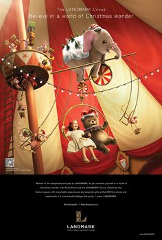 an advertisement for landmark's christmas circus featuring two children riding on a carousel