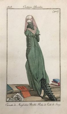 an old fashion illustration of a woman in a green dress with feathers on her head