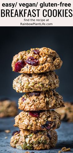 three oatmeal cookies stacked on top of each other with the words easy vegan / gluten - free breakfast cookies