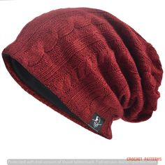 the beanie is knitted in red and has a black patch on the side