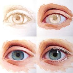 four different views of an eye, one with blue eyes and one with brown eyes