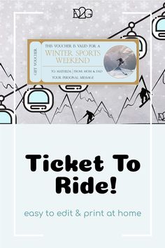 It is a voucher in a bluish colour with a golden edge. There are data to personalise such as date place name. There is also a picture of a snowboarder. Snow Sports