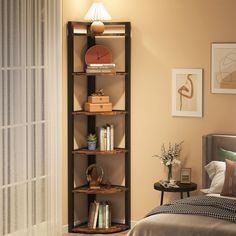 a bed room with a neatly made bed and a book shelf