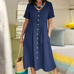 This Kiplyki casual dress fabric is very soft, stretchy and lightweight, super comfortable against to your skin.  Features: casual style, short rolled sleeve, soft and stretchy, Loose dress, comfortable to wear.This casual dress is above the knees and long enough that you wouldn't need to wear leggings with it if you don't want to.It is easy to put on or put off.  US SIZE: Small (US 4-6), Medium (US 8-10), Large (US 12-14), X-Large (US 16-18), XX-Large(US 20-22).This women's casual loose dress is available in a variety of solid colors and print colors to suit your personal style.  Occasion: This Kiplyki plain casual T shirt Dress is glad for daily, beach, going out, party, work, casual wear.It's an easy answer the typical 'what should I wear today' dilemma. It is so casual that you might b Cotton Linen Dresses, High Waist Dress, Straight Dress, Linnet, Long Summer Dresses, Vestido Casual, Linen Dresses, Types Of Skirts, Middle Age