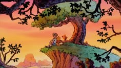 winnie the pooh sitting on top of a tree in front of a colorful sky