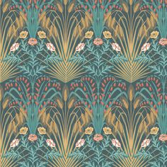 an art deco wallpaper design with flowers and leaves in gold, green, red and blue colors