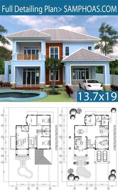 two story house plan with 3 bedroom and 2 bathrooms in the front, an open floor plan