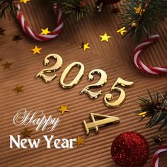 new year's greeting card with gold numbers and stars on brown paper surrounded by christmas decorations