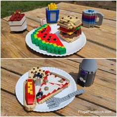 two pictures of some food on a plate and one is made out of legos