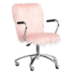 a pink office chair with chrome legs and a furry seat pad on the armrest