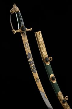 •The shamshir is a curved sword that originated in Persia around the 15th and 16th centuries. • It is recognized for its extreme curvature, making its tip practically useless. • The Arabian saif features a hooked pommel whereas the Persian shamshir has a pistol-shaped grip. • This type of blade was also used in Syria, Turkey, India and Egypt but often remounted to fit local styles. Arab Accessories, Arabian Accessories, Ancient Egyptian Swords, Arabian Culture, Swords Indian, Curved Swords, Turkish Swords Ottoman Empire, Fantasy Blade, Ottoman Dagger