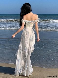 Olivia Mark - Seaside Vacation Beach Sun Dress with Ruffled Hem, Off-Shoulder Long Dress Summer Vintage Dress, Ethereal Fashion Aesthetic, Casual Princess Outfits, Flowy Princess Dress, Long Dress Aesthetic, Fairytale Dress Aesthetic, Flowy Dress Aesthetic, Fairy Party Dress, Flower Fairy Dress