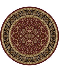 a red and black rug with an ornate design on the center, surrounded by gold accents