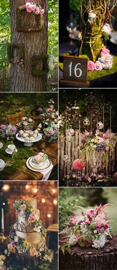 the wedding table is decorated with pink and white flowers, greenery, candles and cake