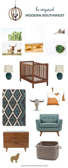 the interior design board for modern southwest style furniture and decor, including a baby crib