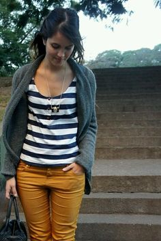 Colored Jeans Outfits, Cardigan Fall Outfit, Stripes Top, Gray Cardigan, Penny Lane, Cardigan Black