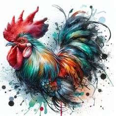 a painting of a rooster with colorful feathers and spots on it's back side