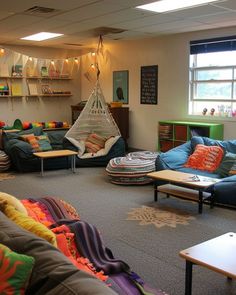 a living room filled with lots of colorful furniture