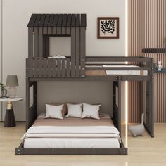 the bunk bed is made from wood and has white pillows on it, along with two side tables