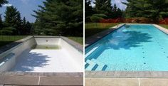 before and after shots of a swimming pool in the middle of a yard with trees