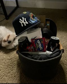 a dog laying on the floor next to a baseball hat and other items in a basket