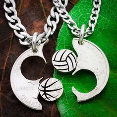 These Basketball and Volleyball necklaces fit together perfectly like a puzzle. They are great for couples and best friends. All of our coins are cut by hand with a small coping saw. We do not use cutting machines of any kind. If you choose the silver state quarter option then please remember to let us know in the order comments which state and whether you would like it cut on the head side or the state (tails) side. If you would like a specific year silver quarter then please message us for ava Basketball And Volleyball Couples, Basketball And Volleyball, Best Friends Jewelry, Volleyball Necklace, Softball Necklace, Friends Jewelry, Silver Dollar City, Silver Quarters, Cute Couple Gifts