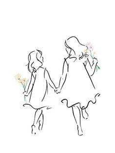 Sisters Drawing, 심플한 그림, Sisters Art, Hand Embroidery Projects, Art Minimaliste, Line Art Drawings, Art Drawings Sketches, 그림 그리기, Line Drawing