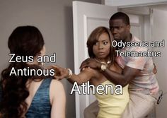 two people standing in front of a mirror with the caption zeous and telmeachus athena