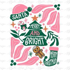 a christmas tree with santa, merry and bright lettering