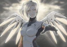 an anime character with white hair and wings in front of the sun, holding her hands out