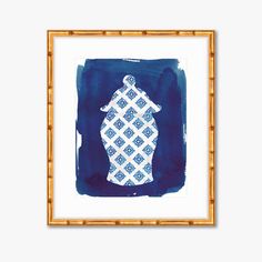 a blue and white painting with an abstract design on it's side, in a bamboo frame