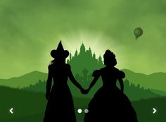 the silhouettes of two people holding hands in front of a green castle and hot air balloon