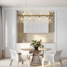 a dining room table with four chairs and a chandelier hanging from the ceiling