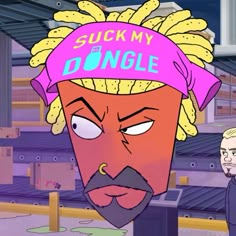 an animated image of a man wearing a pink hat with the words suckmy dingle on it